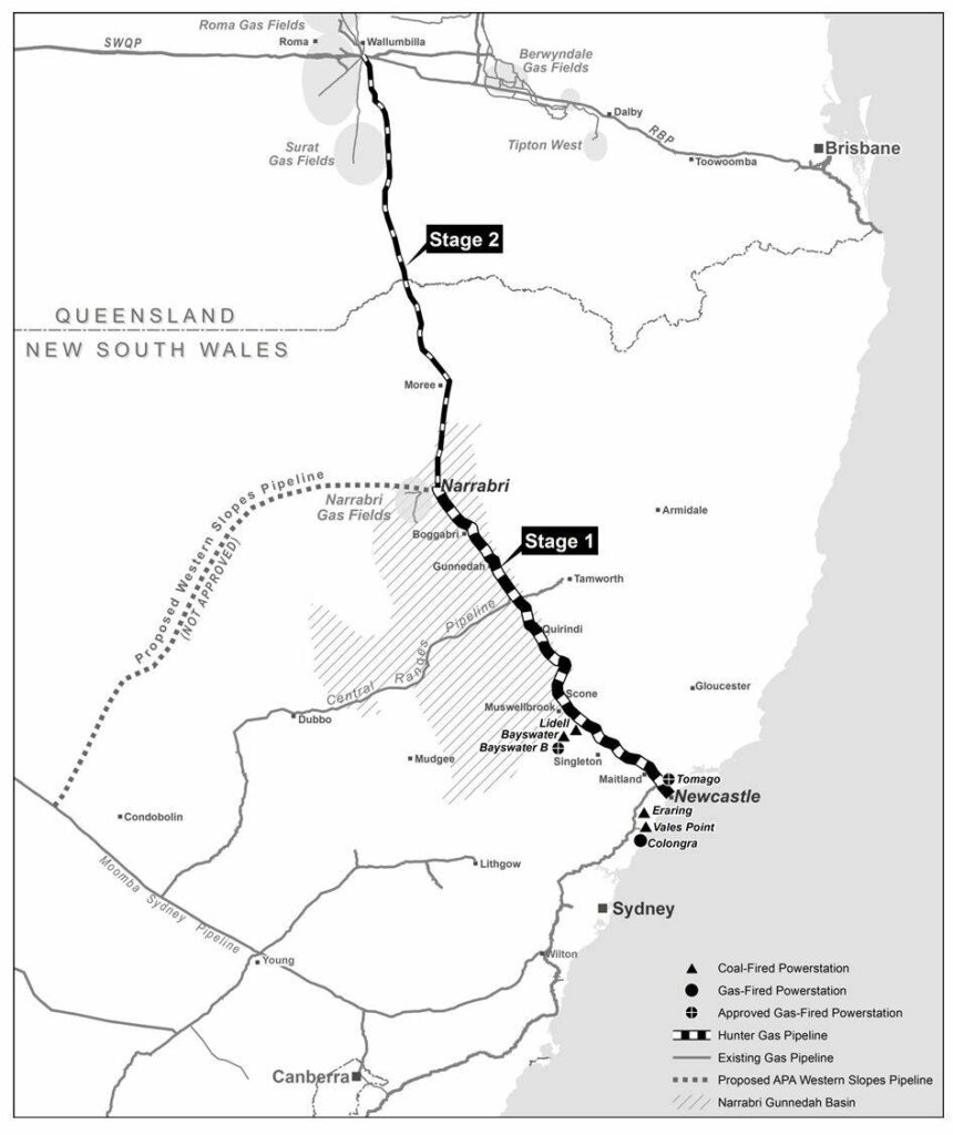 Map of the proposed route of the Santos Hunter Gas Pipeline
