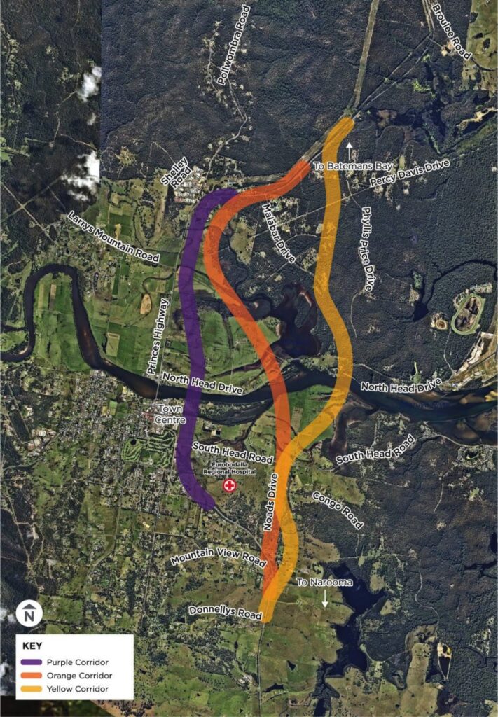 Map of the proposed routes for the Moruya Bypass