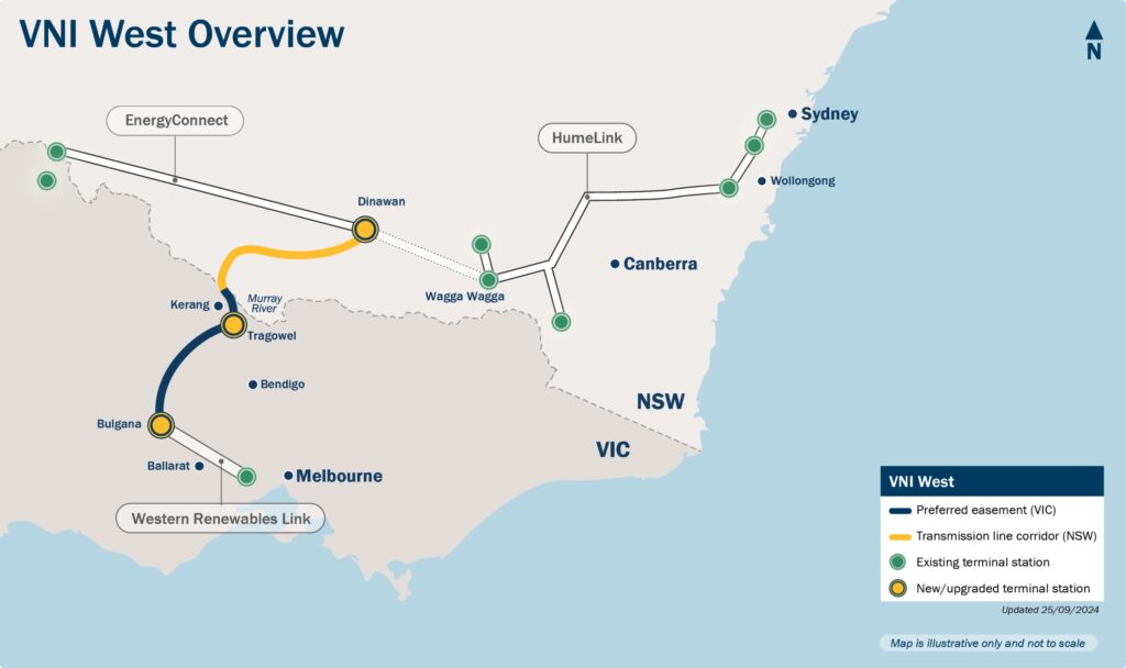 Map of the proposed route for the Victoria to NSW Interconnector