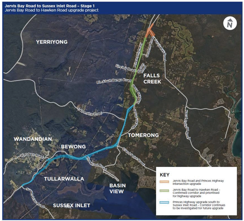 Map of the construction route for the Jervis Bay Road to Sussex Inlet Road Upgrade in NSW